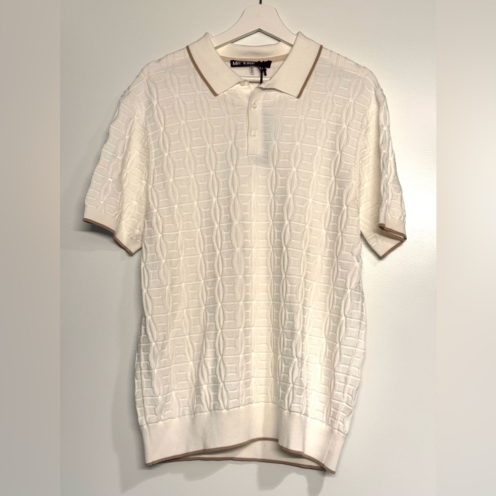 Mr. Turk New with tags White Textured Polo Shirt with Tan Trim
